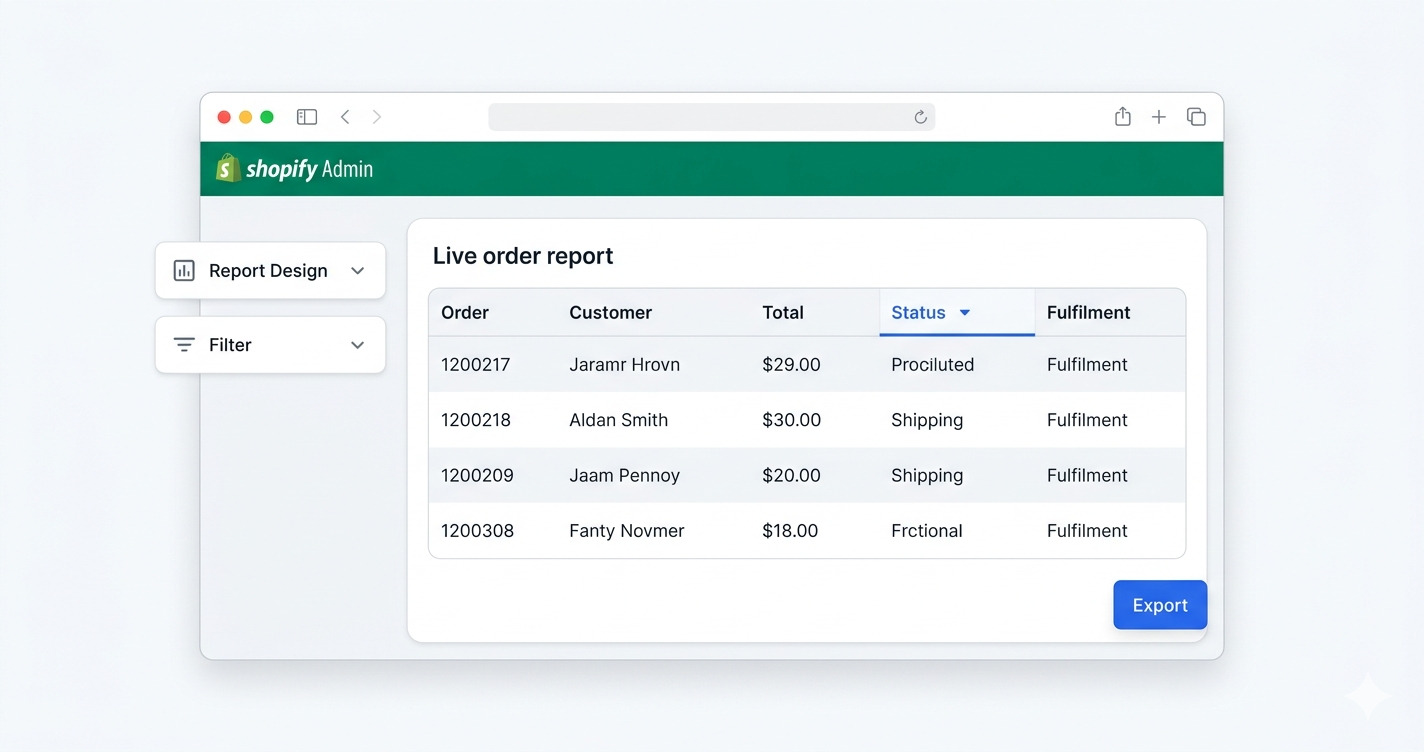 Export OrderPro live order report view showing real-time order data in Shopify Admin
